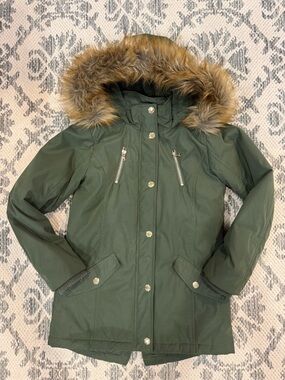 Girl’s Olive Green Parka Coat with Faux Fur Hood